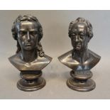 A Pair of Patinated Bronze Busts in the form of Schiller and Goethe, 15cm tall