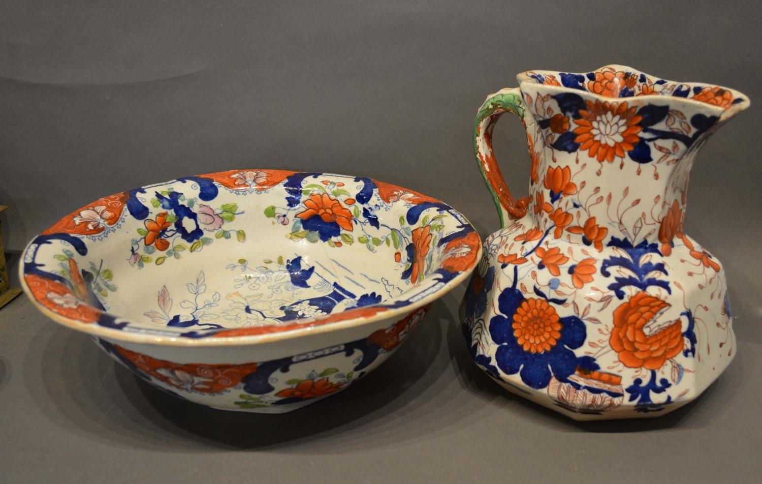 A Mason's Ironstone Jug and Basin decorated in Imari palette