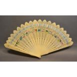An Early 19th Century Carved Ivory Brise Fan with finely pierced decoration and hand painted with