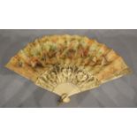 A 19th Century Ivory Fan by J Duvelleroy, Regent Street, London, the painted leaf depicting