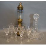 A Set of Six Waterford Glasses, together with a cut glass decanter and a GWR lamp