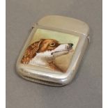 A Victorian Birmingham Silver Vesta Case, the front with enamel panel, decorated with a dog's head