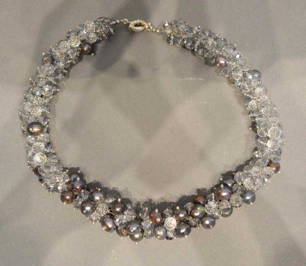 A Grey Pearl and Crystal Choker with silver clasp