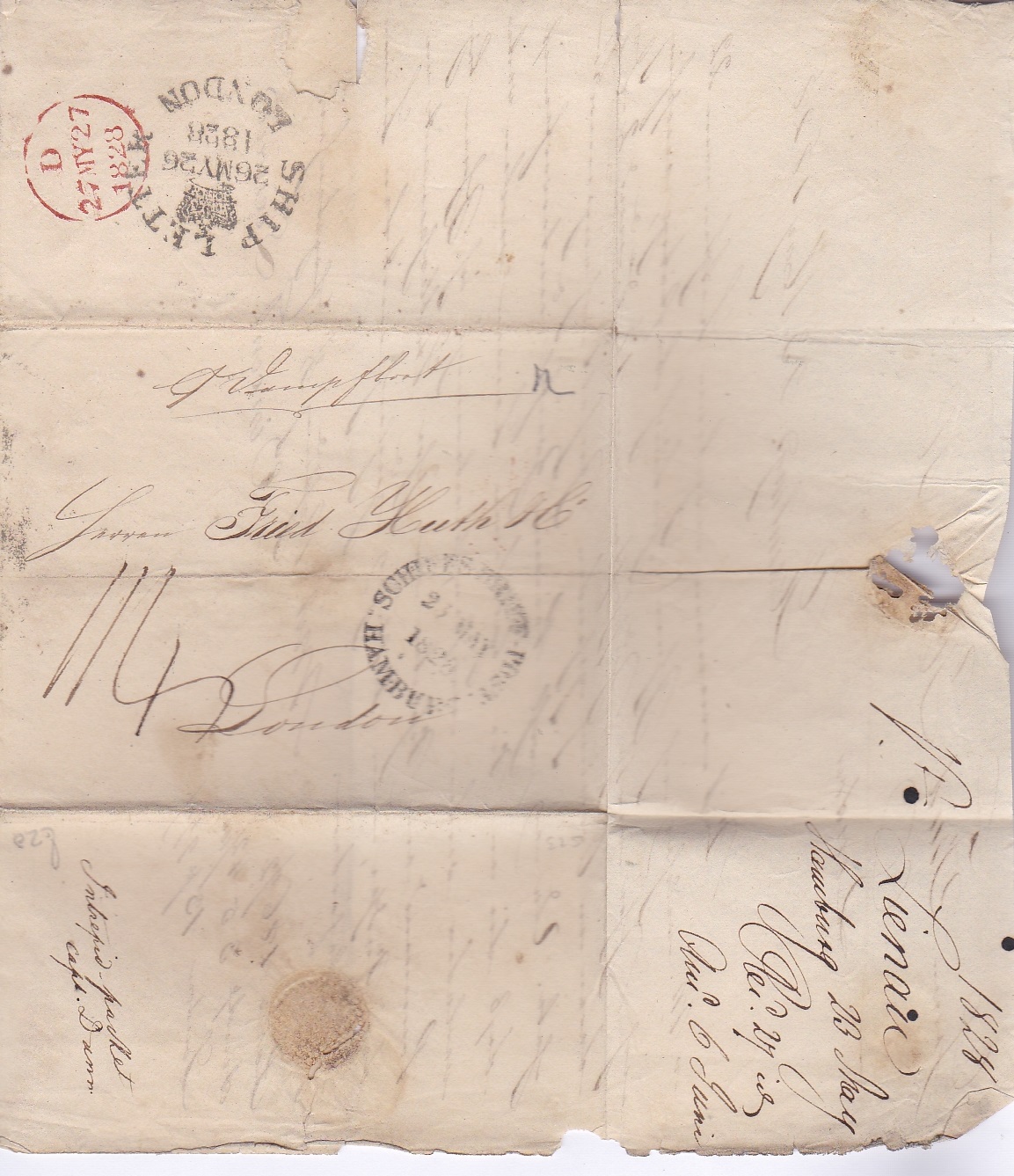 London Ship Letter 1828-(26 May) wrapper Hamburgh to London with Ship Letter/Crown/Date/London in