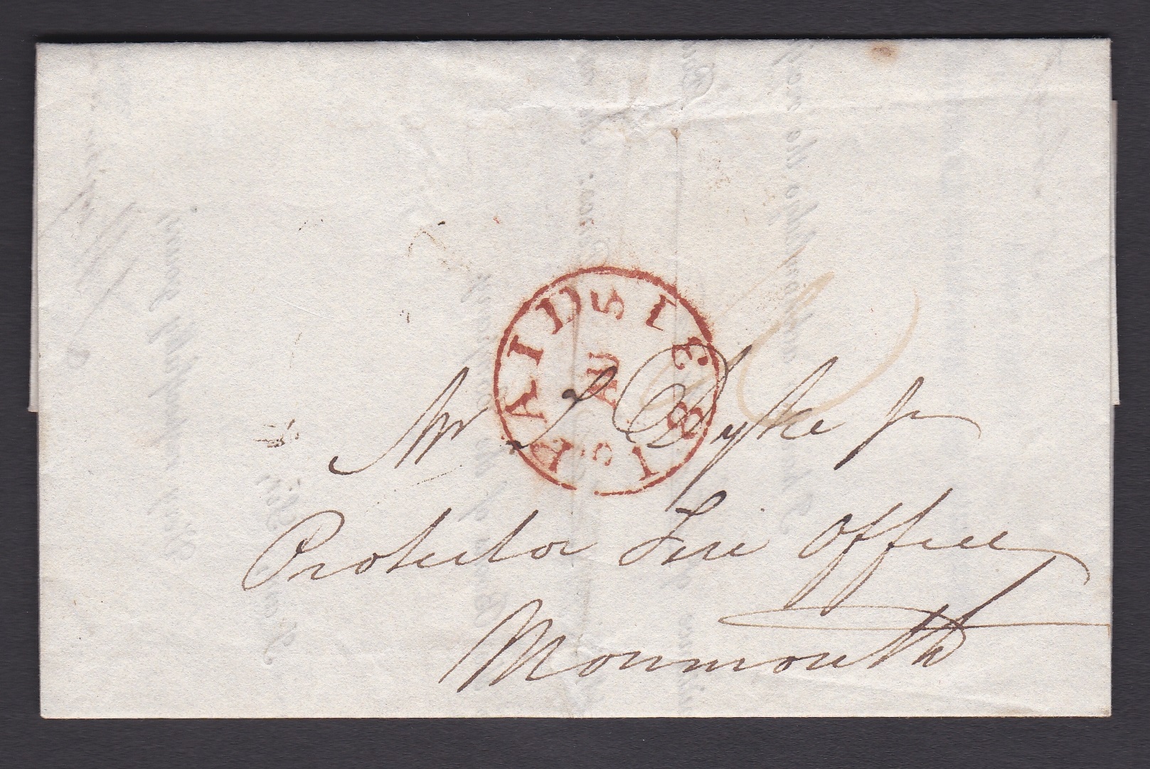 Wales/London 1831-Insurance EL to Monmouth, a circular red PAID ***