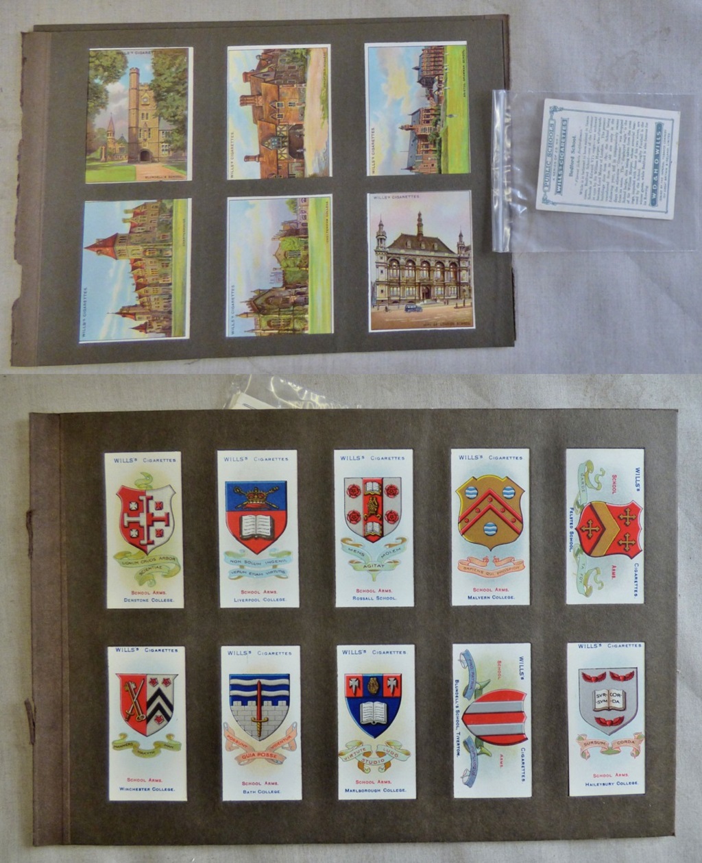 W D & H O Wills Ltd Public Schools 1927 set L 25/25 EX; School Arms 1906 set 50/50 EX 2 sets