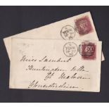 Yorkshire/Glos 1870-two 1d red covers -both IV Queens Own Hussars - mark duplex(2), Malvern date