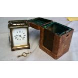 Carriage Clock - Late Victorian leather cased-carriage clock, needs some attention all complete, key