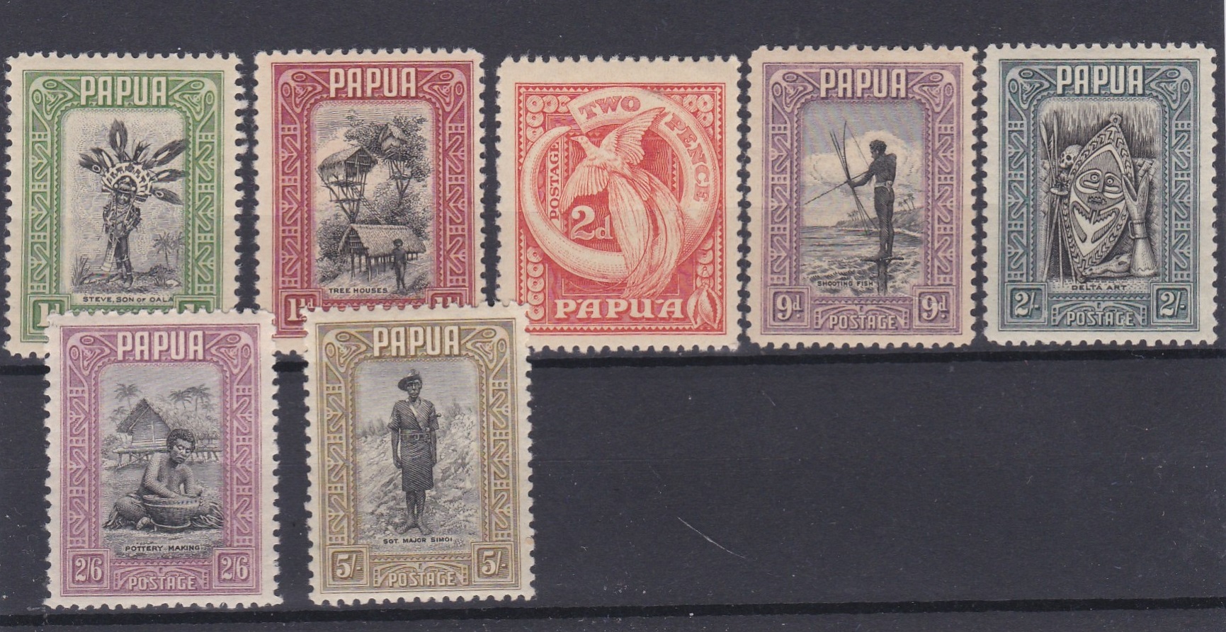 Papua 1932-Definitives to 5/- SG131,133,138,141-143 m/m (7) cat value £140