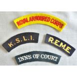 British Cloth Shoulder Titles (4) including: Royal Armoured Corps, R.E.M.E. King's Somerset Light