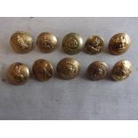 British WWI/II Military Buttons (10) Large including: The Royal Warwickshire, The Lincolnshire,