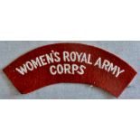 British Women's Royal Army Corps cloth shoulder title, white on brown