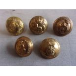 British WWI Military Buttons (5) including: The Norfolk Regt, The King's Own Royal Lancaster, King's