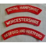 British Cloth Shoulder Titles (3) including: Bedford and Hertford, Worcestershire and Royal