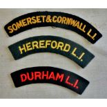 British Cloth Shoulder Titles (3) including: Hereford Light Infantry, Durham Light Infantry and