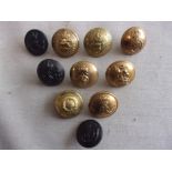 British WWI/II Military Buttons (10) Large including: Royal Dublin Fusiliers, Queen's Own Cameron