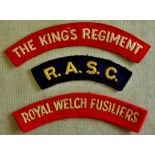 British Cloth Shoulder Titles (3) including: The King's Regiment, Royal Welch Fusiliers and Royal