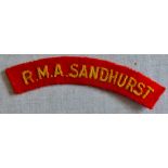 British Royal Military Academy Sandhurst Cloth Shoulder Title, yellow on red