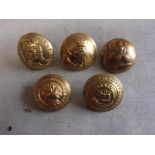 British WWI/II Military Buttons (5) Large including: The King's Own (Royal Lancaster), (POW) Own