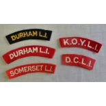 British Cloth shoulder Titles (5) including: Durham Light Infantry (two variants), Somerset Light