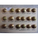 British WWI/II Military Buttons (18) Large, on a board including: Gloucestershire, Worcestershire,