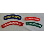 British Scottish Regiment Cloth Shoulder Titles (4) including: Scots Guards, Cameronians (two