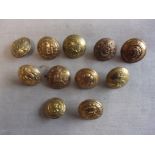 British WWI/II Military Buttons (10) Large including: The Dorsetshire Regt, The Welsh Fusiliers, The