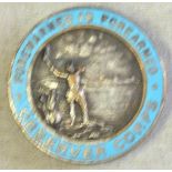 British WWII Royal Observer Corps badge, silver plate with blue enamel "Forewarned it Forearmed",