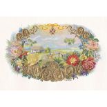 Cigar box label vintage sample/proof Tobacco plantation scene surrounded with flowers& gold coins no