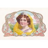 Young Lady wearing a tiara & yellow scarf surround deco design no 1904; vintage cigar box label