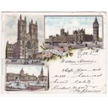 London 1898-Colour Court Card-used to Germany, Westminster Abbey, Houses of Parliament, National