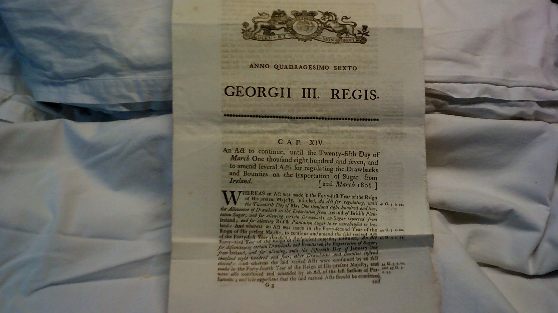 George III Parliamentary Act relating to the taxes on exporting Sugar to Ireland, 22nd March