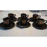 Coffee Set - (6) cups + Saucers made in Greece, black with gold rim, excellent condition