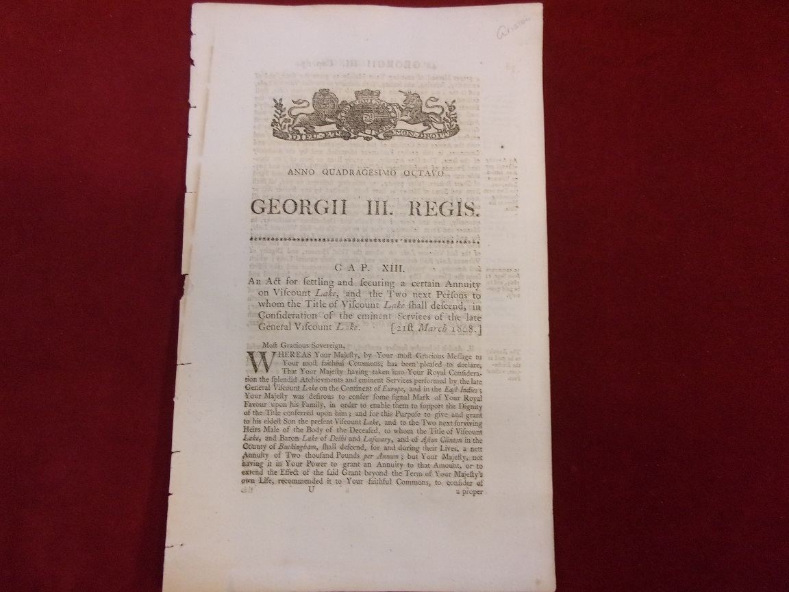 George III Parliamentary Act relating to the Services of General Viscount Lake, 21st March 1808 - An