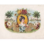Vintage sample/proof cigar box label; Lady in cameo surrounded by gold coins & flowers background