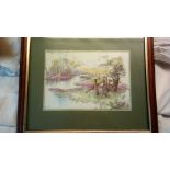 Painting Watercolour - By Glenda Roe-River Scene-Vibrant colours - framed 13 x 15