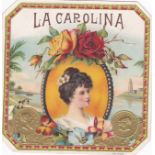 La Carolina Lady in cameo surrounded by flowers & gold coin no 3480 sample/proof vintage cigar box