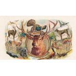 Stag in a cameo surrounded by various game; Vintage cigar box label sample/proof unnumbered