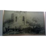 Pencil Drawing - Artist unknown - Delightful Old Ruining framed Castle Ruins 1932-17 x 19