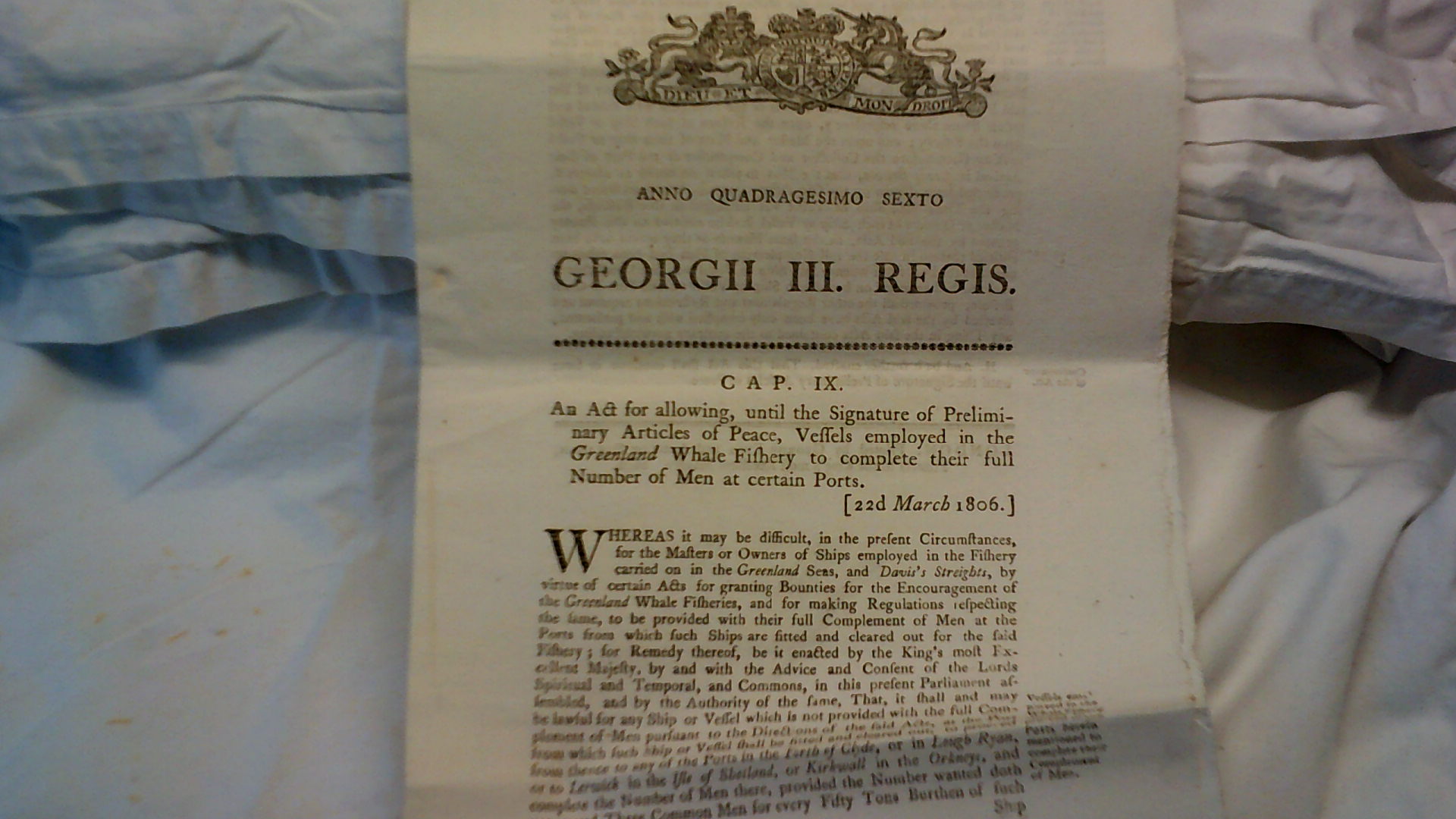 George III Act of Parliament concerning Greenland Whale Fishery, 22nd March 1806 - An act for