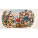 Vintage cigar box label sample/proof Allegorical scene young ladies surrounding seated lady in