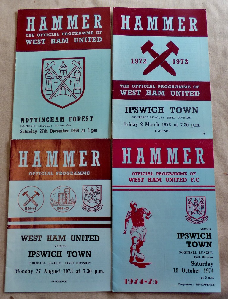 West Ham United Football Programmes 1969 v Nott's Forest; 1973 v Ipswich Town x 2; 1974 v Ipswich