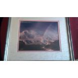 Print-Mountain range with rainbow, by J Balo, silver framed colour wood, 13 x 15 approx