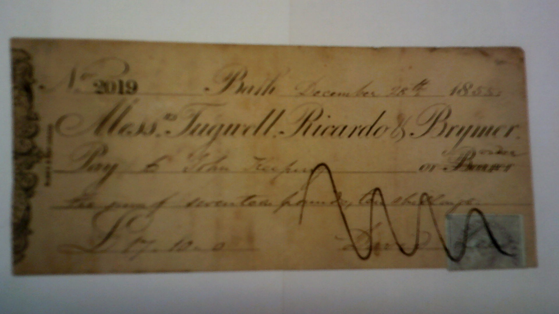 Tugwell Ricardo & Brymer, Bath-used bearer, vic. AD. black on cream, 28.12.1855-printer Blades &