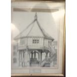 Pencil Drawing - of Hexagon House Building. Brown frame, 10.1/2 x 8.1/2 approx