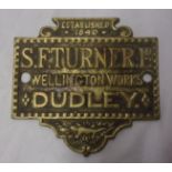 A.F. Turner Ltd Brass plaque, Wellington Works Dudley, a Victorian or early 20th century brass