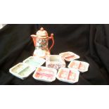 Vintage Chinese Inspired Teapot, Ash Tray + (8) small serving dishes, Teapot lid been stapled