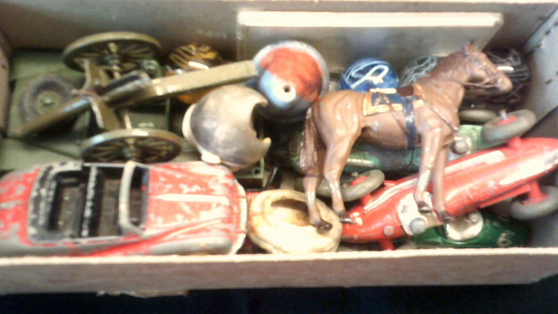 Box of Metal Cars-includes racing cars, cars, Horse's etc