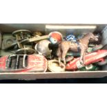 Box of Metal Cars-includes racing cars, cars, Horse's etc