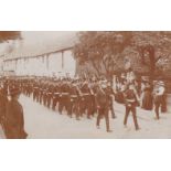 British WWI Military Parade, a Battalion marching through a town.